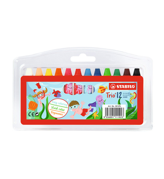 Óleos Pastel, Trio, Cuerpo Triangular, en Estuche Plástico x 12 Unds. 12 Colores Surtidos